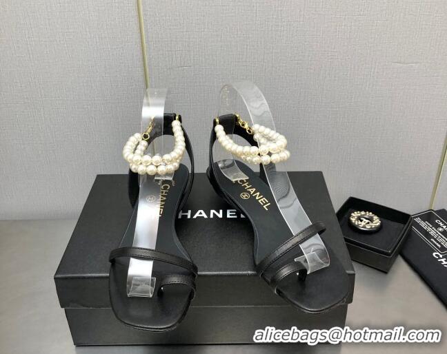 Hot Style Chanel Heel Sandals with Pearls Ankle Strap Black 505026