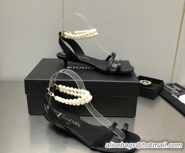 Hot Style Chanel Heel Sandals with Pearls Ankle Strap Black 505026