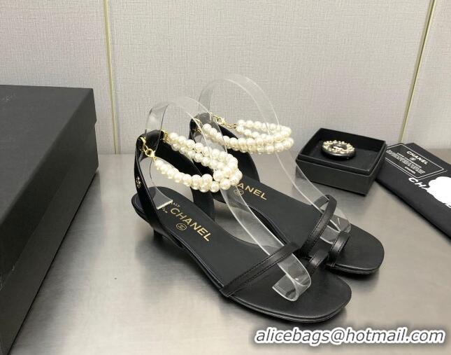 Hot Style Chanel Heel Sandals with Pearls Ankle Strap Black 505026