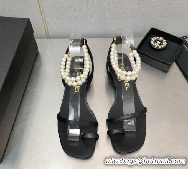 Hot Style Chanel Heel Sandals with Pearls Ankle Strap Black 505026