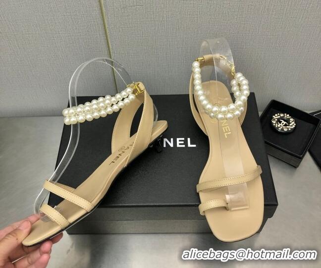 Grade Quality Chanel Heel Sandals with Pearls Ankle Strap Beige 505027