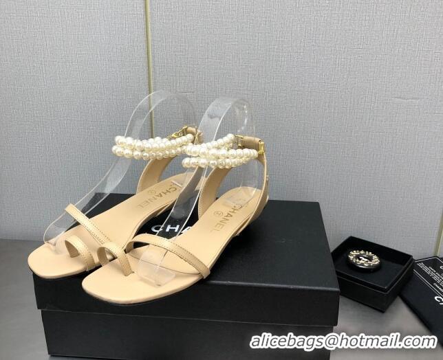 Grade Quality Chanel Heel Sandals with Pearls Ankle Strap Beige 505027