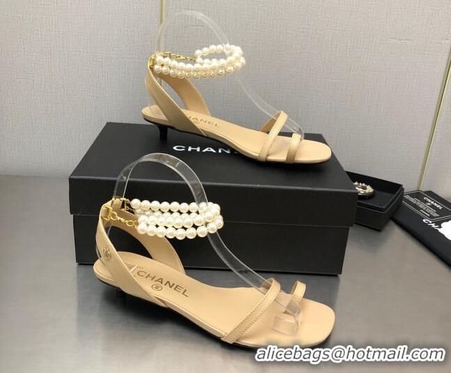 Grade Quality Chanel Heel Sandals with Pearls Ankle Strap Beige 505027