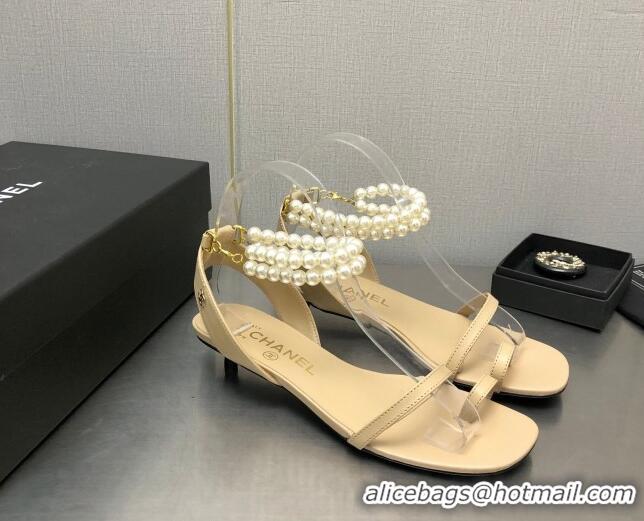 Grade Quality Chanel Heel Sandals with Pearls Ankle Strap Beige 505027