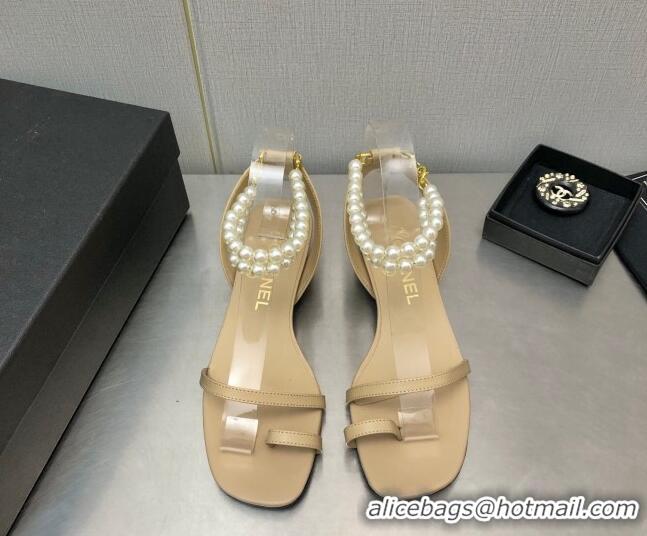 Grade Quality Chanel Heel Sandals with Pearls Ankle Strap Beige 505027