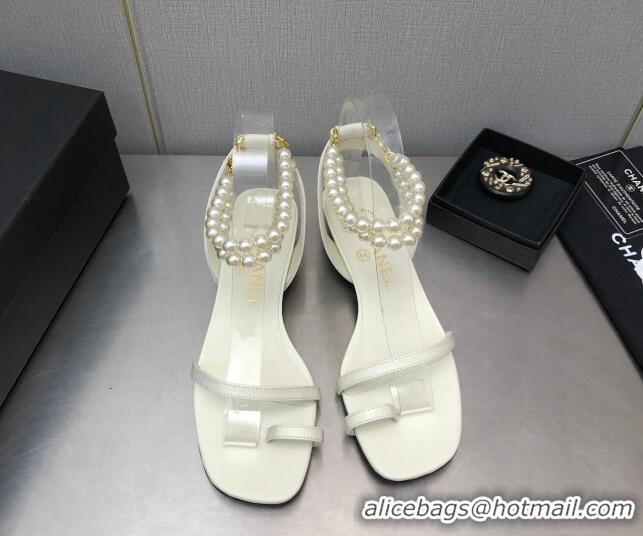 Best Price Chanel Heel Sandals with Pearls Ankle Strap White 505028