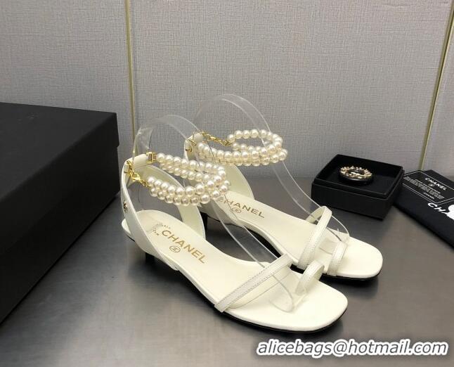 Best Price Chanel Heel Sandals with Pearls Ankle Strap White 505028