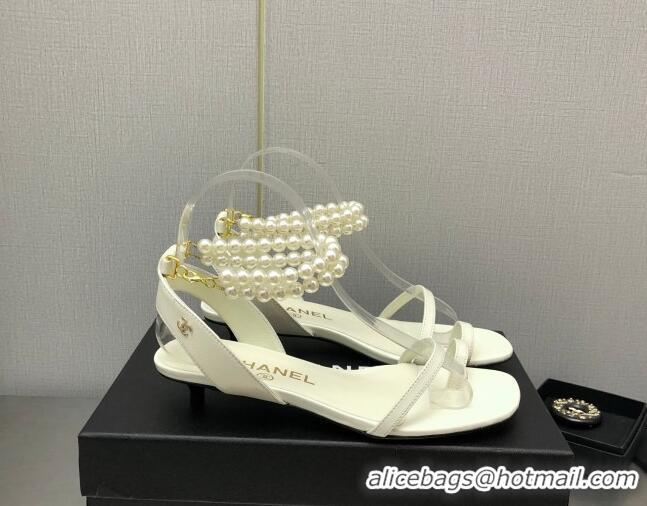 Best Price Chanel Heel Sandals with Pearls Ankle Strap White 505028