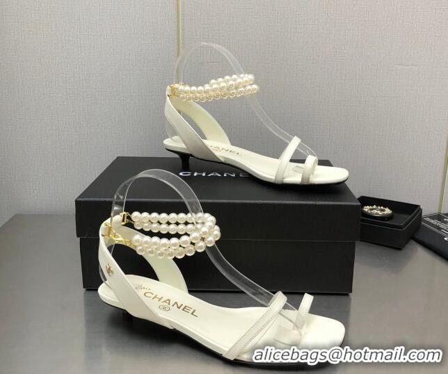 Best Price Chanel Heel Sandals with Pearls Ankle Strap White 505028