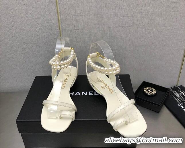 Best Price Chanel Heel Sandals with Pearls Ankle Strap White 505028