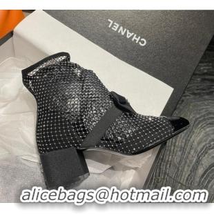 Sophisticated Chanel Crystal Mesh & Patent Leather Heel Ankle Boots 5.5cm with Bow Black/Crystal 505033