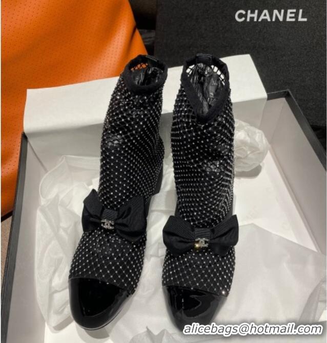 Sophisticated Chanel Crystal Mesh & Patent Leather Heel Ankle Boots 5.5cm with Bow Black/Crystal 505033