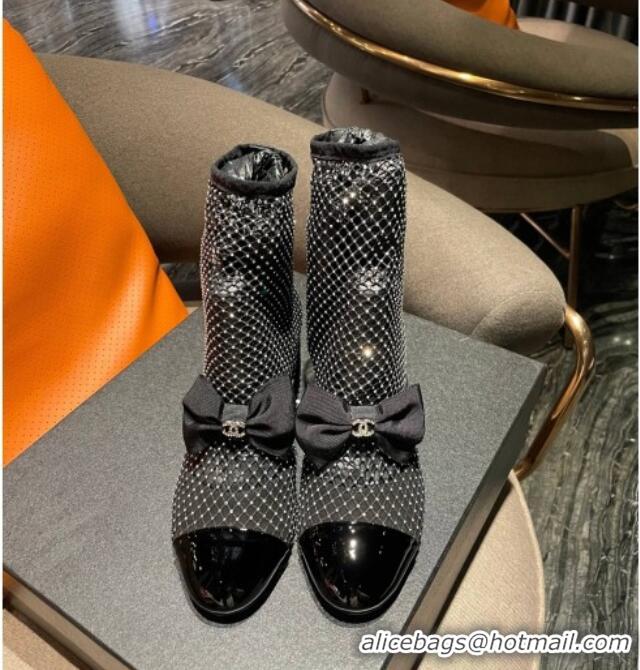 Sophisticated Chanel Crystal Mesh & Patent Leather Heel Ankle Boots 5.5cm with Bow Black/Crystal 505033