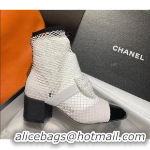 Best Grade Chanel Crystal Mesh & Patent Leather Heel Ankle Boots 5.5cm with Bow White 505034