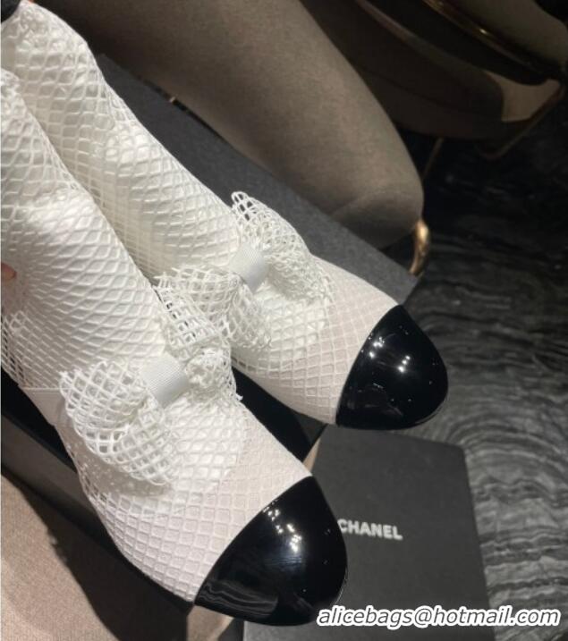 Best Grade Chanel Crystal Mesh & Patent Leather Heel Ankle Boots 5.5cm with Bow White 505034