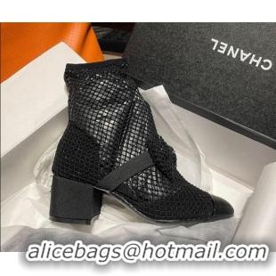 Unique Style Chanel Crystal Mesh & Patent Leather Heel Ankle Boots 5.5cm with Bow Black 505035