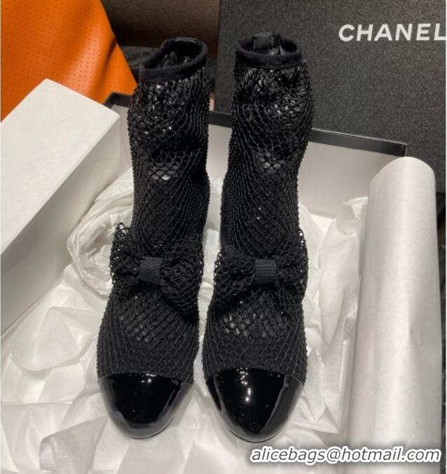 Unique Style Chanel Crystal Mesh & Patent Leather Heel Ankle Boots 5.5cm with Bow Black 505035