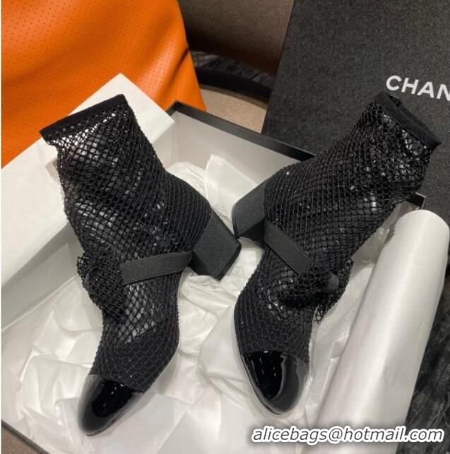 Unique Style Chanel Crystal Mesh & Patent Leather Heel Ankle Boots 5.5cm with Bow Black 505035