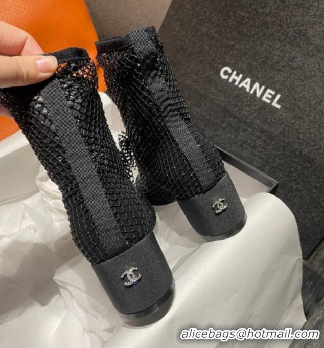 Unique Style Chanel Crystal Mesh & Patent Leather Heel Ankle Boots 5.5cm with Bow Black 505035