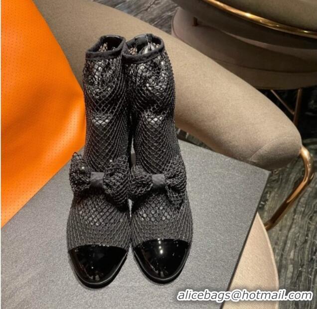 Unique Style Chanel Crystal Mesh & Patent Leather Heel Ankle Boots 5.5cm with Bow Black 505035