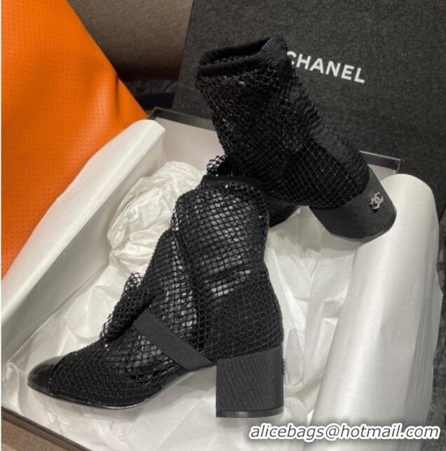 Unique Style Chanel Crystal Mesh & Patent Leather Heel Ankle Boots 5.5cm with Bow Black 505035