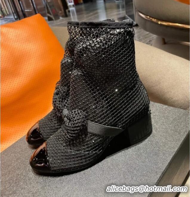 Unique Style Chanel Crystal Mesh & Patent Leather Heel Ankle Boots 5.5cm with Bow Black 505035