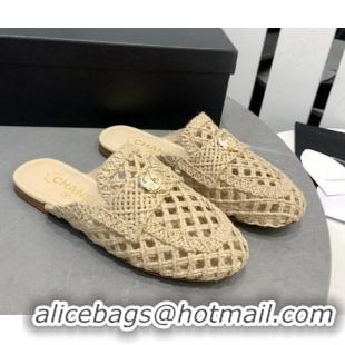 Top Grade Chanel Crochet Flat Slide Sandals with Heart Charm Beige 505036