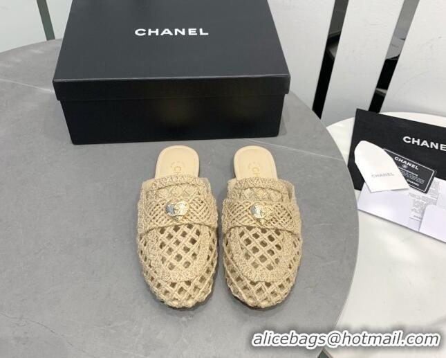 Top Grade Chanel Crochet Flat Slide Sandals with Heart Charm Beige 505036