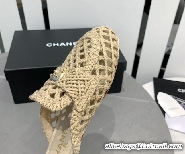 Top Grade Chanel Crochet Flat Slide Sandals with Heart Charm Beige 505036