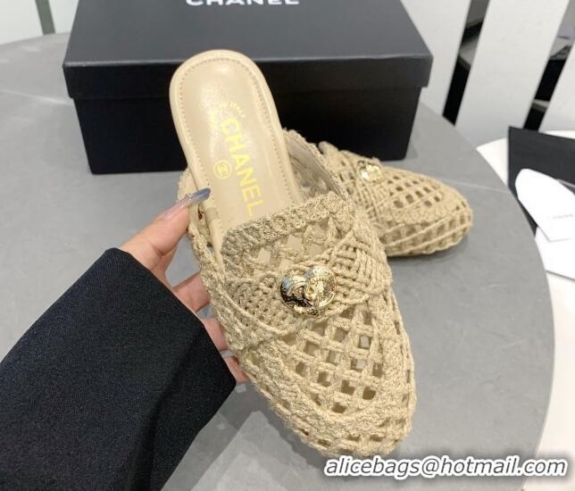 Top Grade Chanel Crochet Flat Slide Sandals with Heart Charm Beige 505036