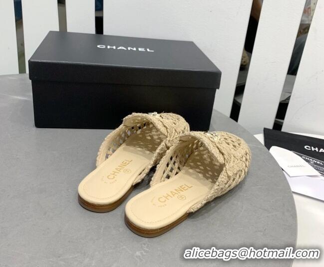 Top Grade Chanel Crochet Flat Slide Sandals with Heart Charm Beige 505036