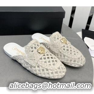 Good Product Chanel Crochet Flat Slide Sandals with Heart Charm White 505040