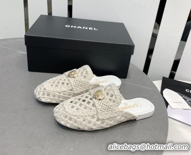 Good Product Chanel Crochet Flat Slide Sandals with Heart Charm White 505040