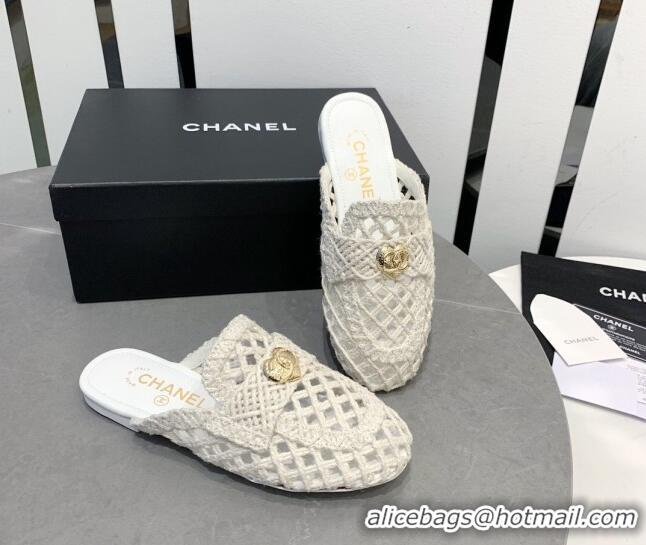 Good Product Chanel Crochet Flat Slide Sandals with Heart Charm White 505040