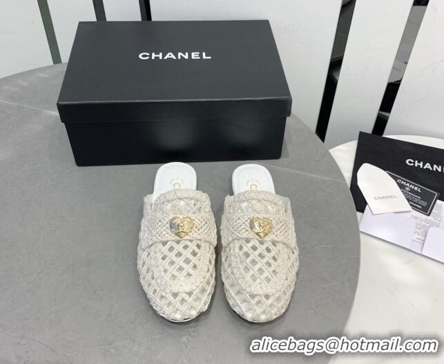 Good Product Chanel Crochet Flat Slide Sandals with Heart Charm White 505040