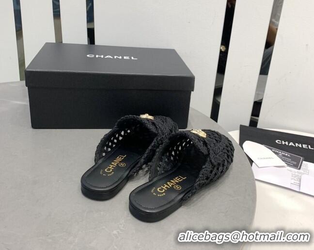 Perfect Chanel Crochet Flat Slide Sandals with Heart Charm Black 505042