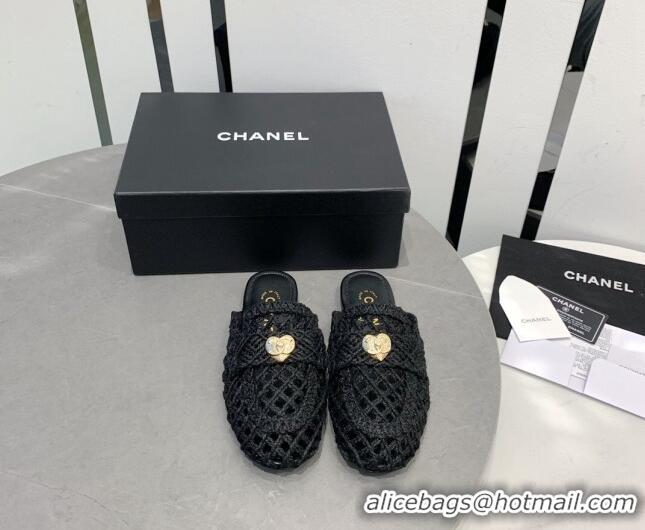 Perfect Chanel Crochet Flat Slide Sandals with Heart Charm Black 505042