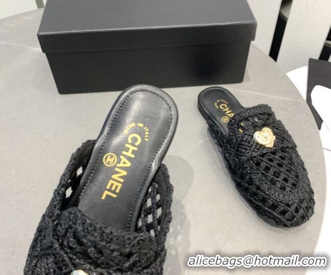 Perfect Chanel Crochet Flat Slide Sandals with Heart Charm Black 505042