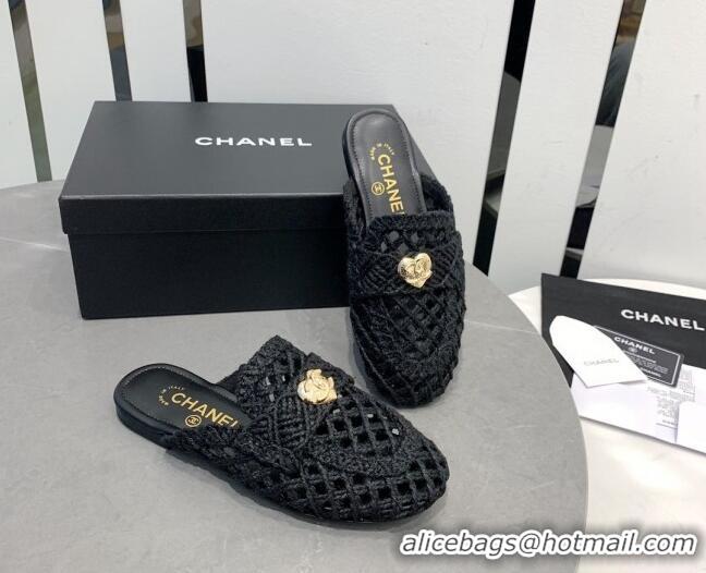 Perfect Chanel Crochet Flat Slide Sandals with Heart Charm Black 505042