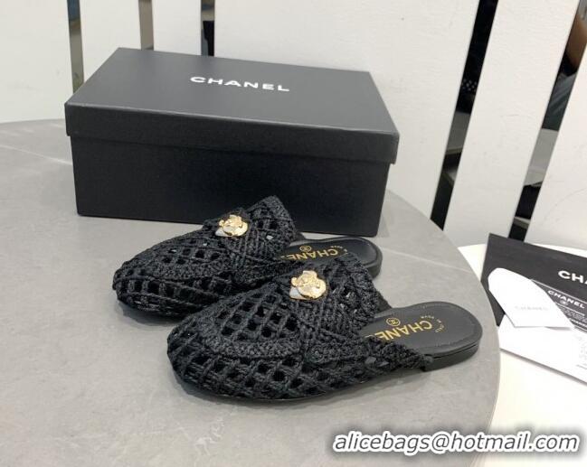 Perfect Chanel Crochet Flat Slide Sandals with Heart Charm Black 505042