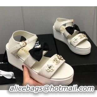 Duplicate Chanel Lambskin Platform Sandals with Pearl and Bow White 505044