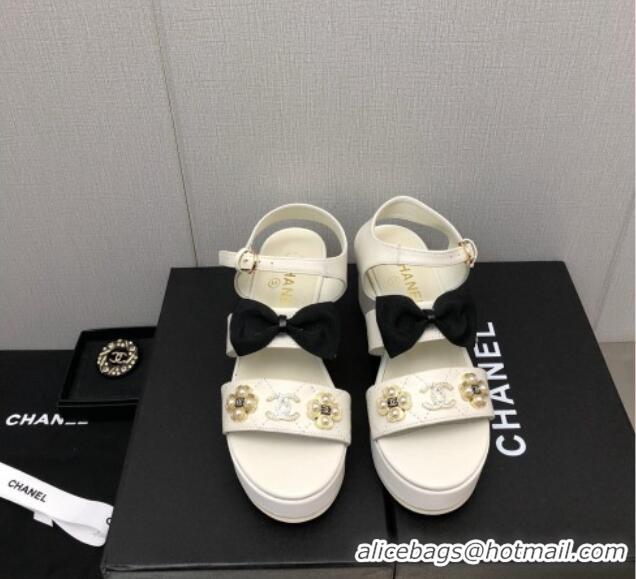 Duplicate Chanel Lambskin Platform Sandals with Pearl and Bow White 505044