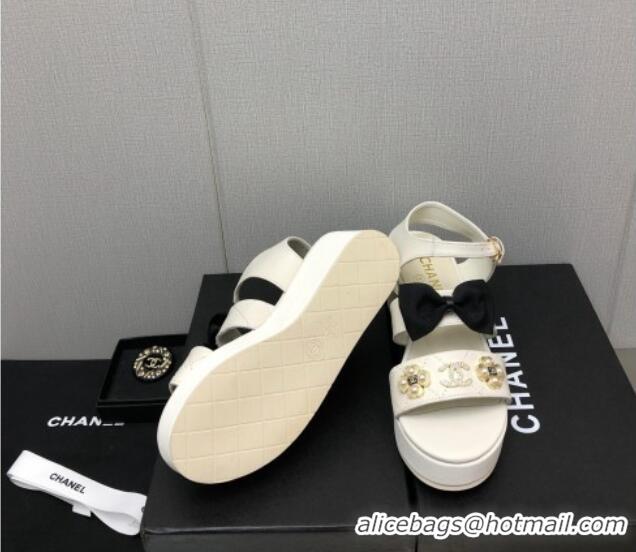 Duplicate Chanel Lambskin Platform Sandals with Pearl and Bow White 505044