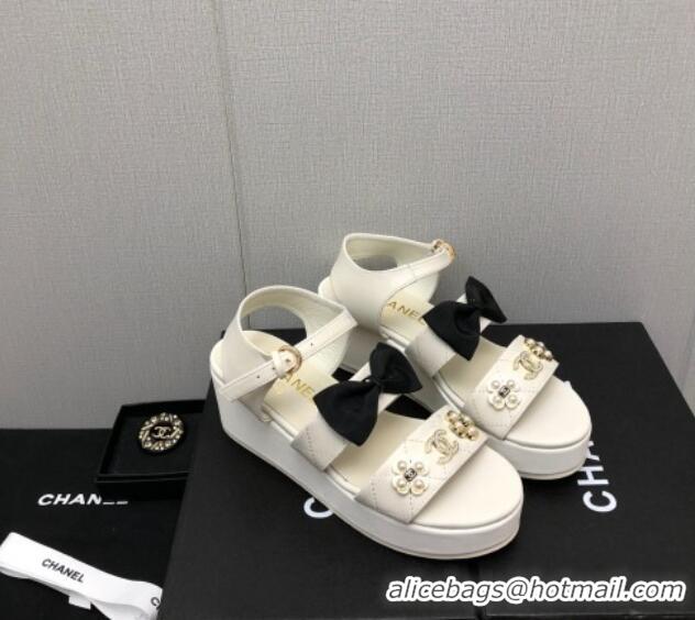 Duplicate Chanel Lambskin Platform Sandals with Pearl and Bow White 505044