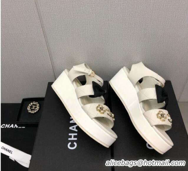 Duplicate Chanel Lambskin Platform Sandals with Pearl and Bow White 505044