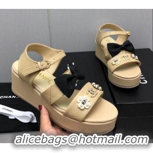 Popular Style Chanel Lambskin Platform Sandals with Pearl and Bow Beige 505045