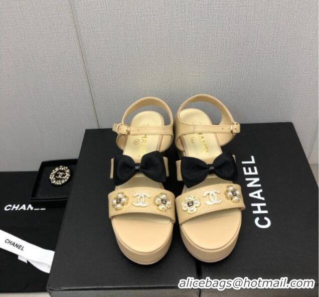 Popular Style Chanel Lambskin Platform Sandals with Pearl and Bow Beige 505045