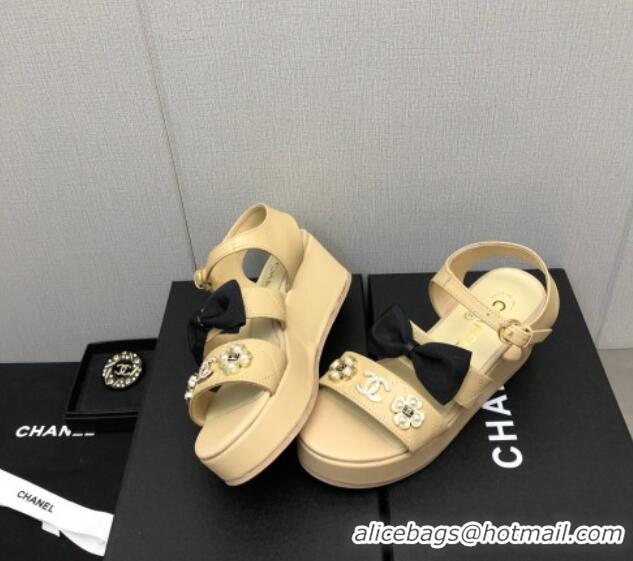 Popular Style Chanel Lambskin Platform Sandals with Pearl and Bow Beige 505045