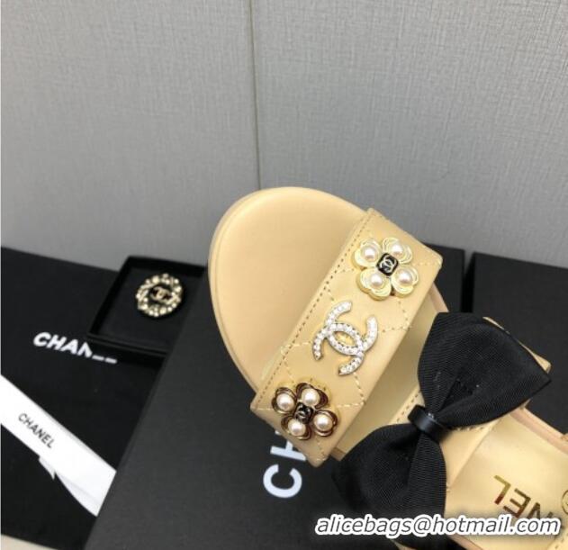 Popular Style Chanel Lambskin Platform Sandals with Pearl and Bow Beige 505045