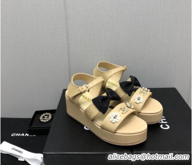 Popular Style Chanel Lambskin Platform Sandals with Pearl and Bow Beige 505045